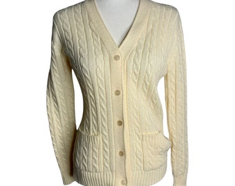 Vintage 70s Cable Knit Cardigan Sweater S Cream V Neck Buttons Pockets