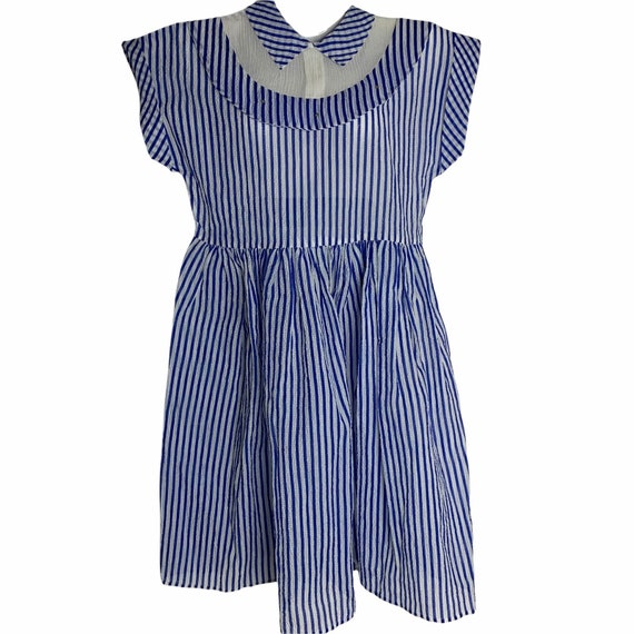 Vintage 50s Striped Crinkle Swing Dress S Blue She