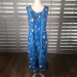 Vtg 90s JAMS WORLD Blue Floral Blutrellis Midi Dress XS Pockets Beach Resort