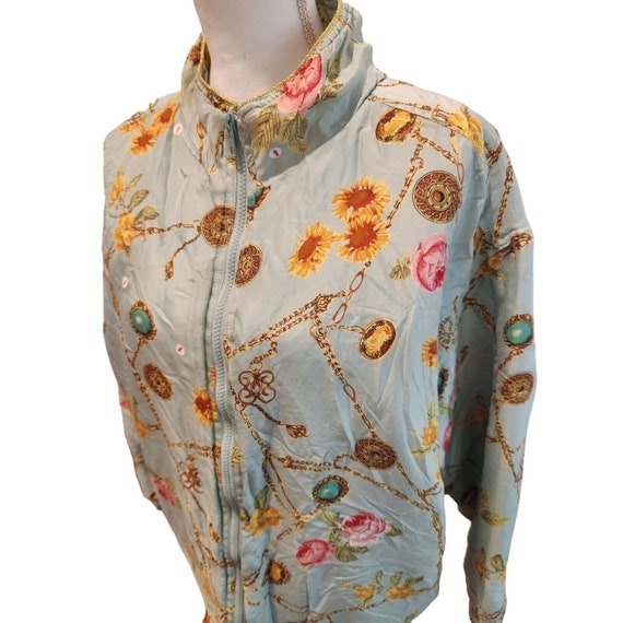 Vintage 90s Avon Silk Floral Turquoise Bomber Jac… - image 2