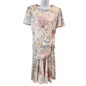 Vintage 80s Watercolor Pastel Pink Blue Floral Midi Dress M Cottage Drop Waist