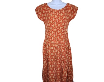 Vintage 70s Drop Waist Maxi Dress Womens Size S Orange Cotton Flowy Diamond Print