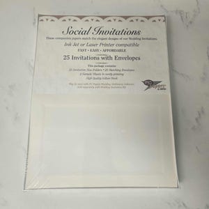 May include: A package of wedding invitations with envelopes. The package is white with the text "Social Invitations" at the top. The text also includes "Ink Jet or Laser Printer compatible" and "25 Invitations with Envelopes".