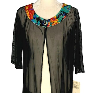 Vintage Sirena Swimsuit Cover Up S Black Floral Nylon Mesh Robe Button Deadstock