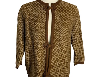 vintage 60s Wool Knit Cardigan Sweater M Brown Frog Buttons Long Sleeve Diamonds