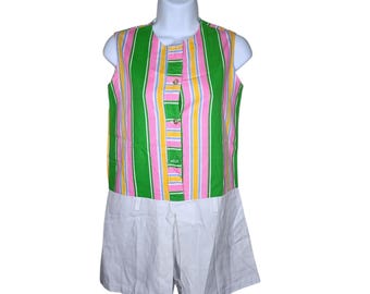 Mono corto de rayas sin mangas vintage de los años 60 para mujer, talla S, verde y rosa