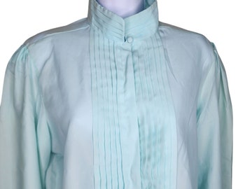 Vintage 80s High Collar Blouse Shirt Womens Size L Mint Green Secretary Academia Office Wear