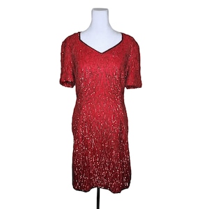 Vintage 80s Stenay Beaded Sequined Shift Dress Womens Size 12 Red