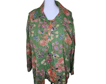 Vintage 70s Boho Tank Top Long Sleeve Shirt Set Womens Plus 1X Green Floral