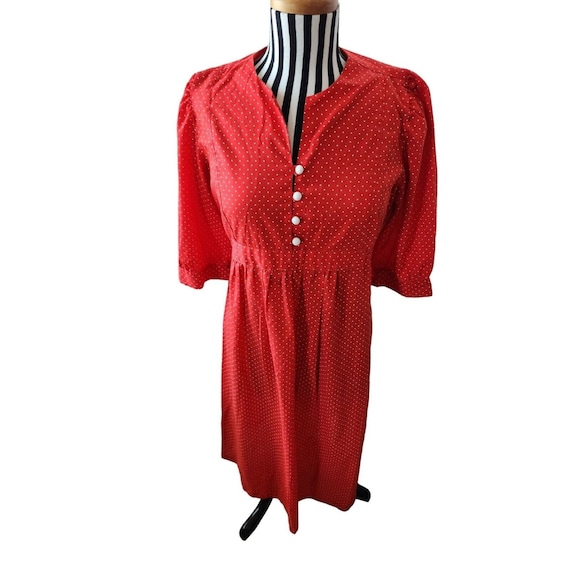 Vintage 70's MainBerry Red Polka Dot Dress L Prai… - image 1