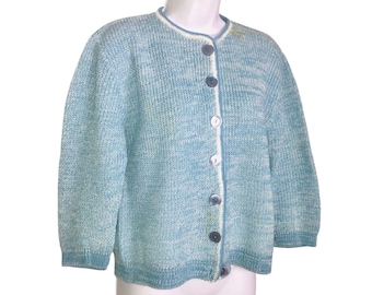 May include: A light blue knit cardigan with a button-up front. The sweater has a round neckline and three-quarter sleeves. The buttons are a darker shade of blue. The cardigan is displayed on a white mannequin.