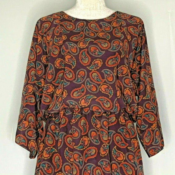 Vintage Midi A Line Dress M Brown Paisley Brown O… - image 2