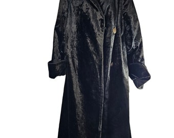 Abrigo vintage de los años 60 para mujer, talla mediana, negro, de piel sintética gruesa y terciopelo largo.