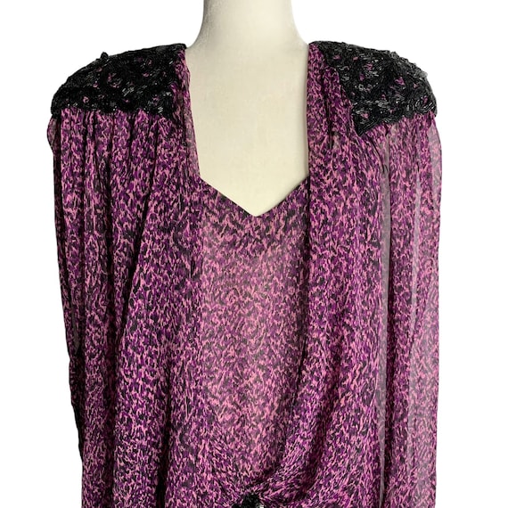 Vintage 80s Beaded Dropped Waist Dress S Purple S… - image 2