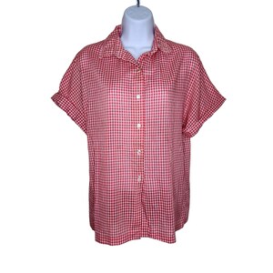 Vintage 60s Gingham Check Blouse Top Womens Size L Red White Country Western Pinup
