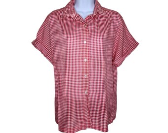Vintage 60s Gingham Check Blouse Top Womens Size L Red White Country Western Pinup