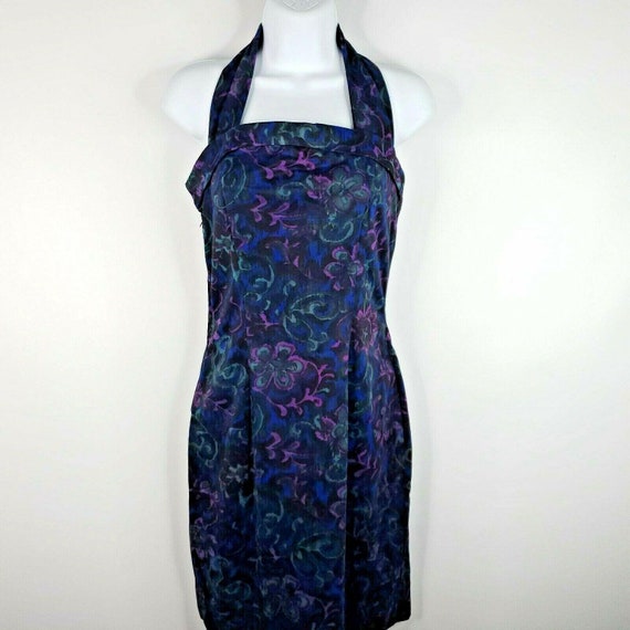 Vintage Floral Halter Wiggle Dress S Black Blue P… - image 2