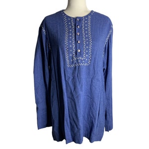 Vintage 70s Tunic Mini Dress L Blue Embroidered Boho Pockets Bell Sleeve