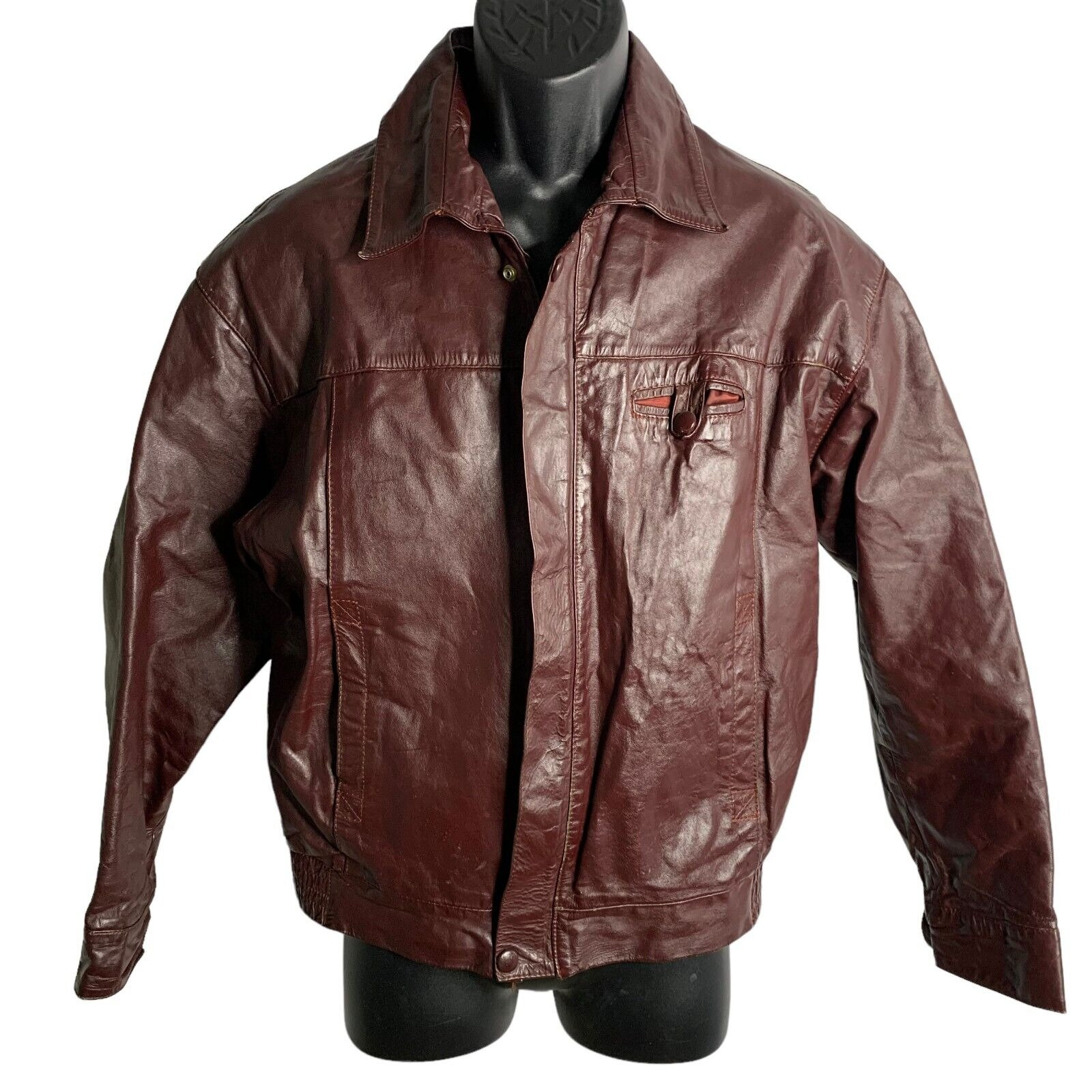 Vintage 70s 80s Leather Bomber Jacket L Maroon Red Zip Snap