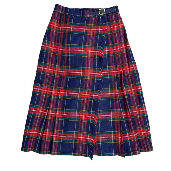 Vintage Wool Midi Wrap Skirt S Blue Red Plaid Ple… - image 1