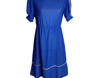 Robe mi-longue vintage des années 70 et 80 à pois et manches courtes S bleu manches bouffantes