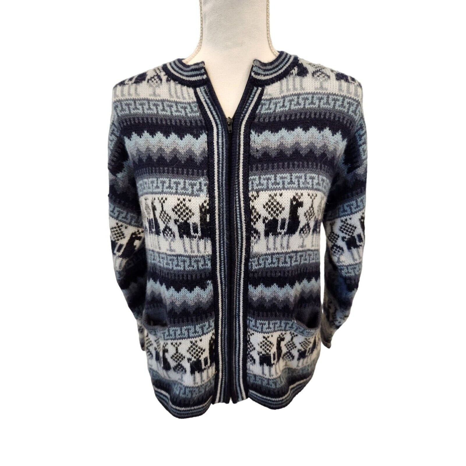 Vintage 80s Alpaca Womens Blue Zipper Front Cardigan Sweater M