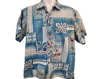 Vintage 90s Hawaiian Aloha Short Sleeve Tiki Blue Shirt Luau Surfer M Blue