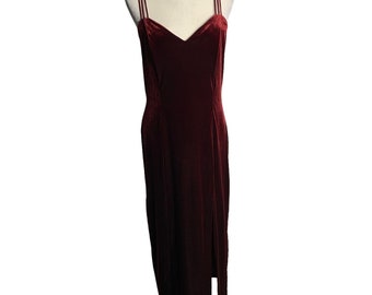 Vintage 80s Velvet Wiggle Maxi Dress XL Red Sweetheart Spaghetti Strap Boning
