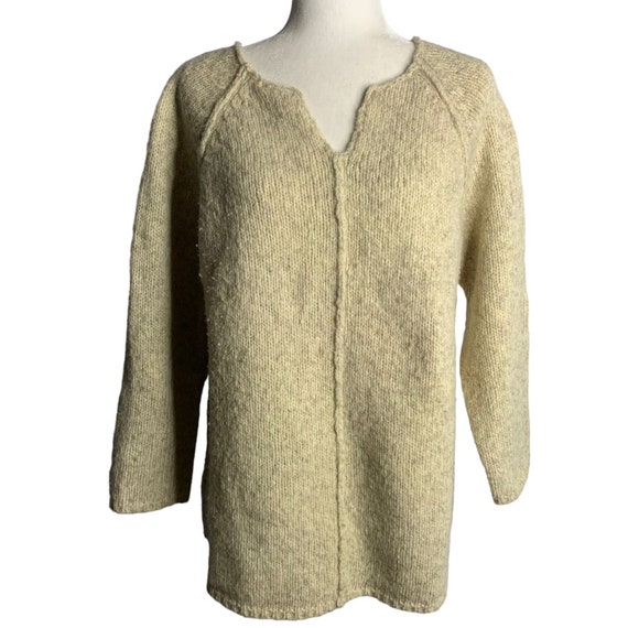 Vintage 90s DKNY Wool Chunky Knit Sweater S Beige Pullover V Neck Raglan Sleeves