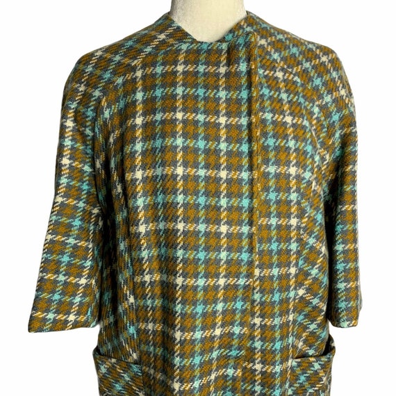 Vintage 60s Houndstooth Plaid Mod Overcoat S Brow… - image 1