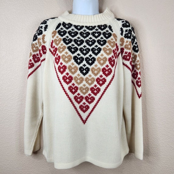 Vintage 70s Ski Sweater Womens Size L Ivory Hearts