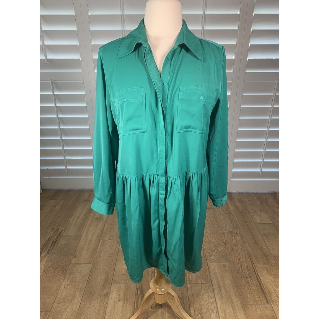 Vtg 80s DG2 Diane Gilman Green Collared Shirt Dress 1X Long Sleeve Plus Button Vtg 80s DG2 Diane Gilman Green Collared Shirt Dress 1X Long Sleeve Plus Button
