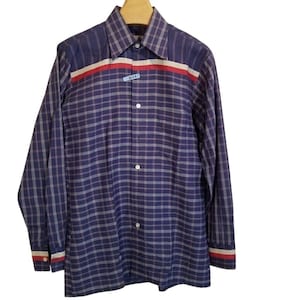 Vintage 80s Carl Michaels Men Dress Shirt M Blue Plaid Button Up