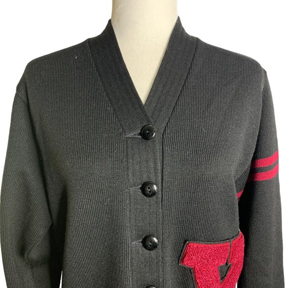 Vintage 50s Varsity Cardigan Sweater M Black Wors… - image 2