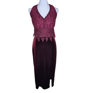 Vintage 80s Formal Prom Dress Womens Size S Red Burgundy Halter Open Back