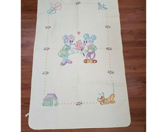 Vintage 70s Disney Needlecraft Crib Blanket Mickey Minnie Cross Stitch Yellow