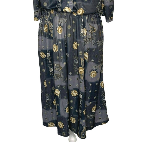 Vintage Midi Dress 14 Gray Floral Paisley 3/4 Sle… - image 3