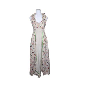 Vintage 70s Mr B California Halter Neck Maxi  Dress Womens S Beige Hippie Floral Print