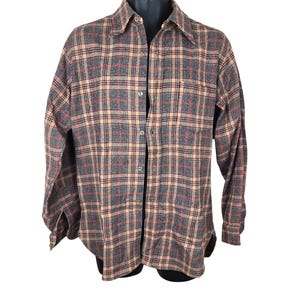 Vintage 70s Pendleton Plaid Button-Up Shirt Mens M Beige Red Wool