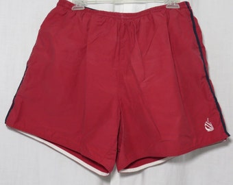 90s Nautica Red Yellow & Red Striped Short Swim Trunks Mens