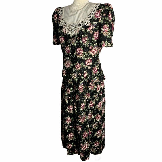 Vintage Floral Midi Dress M Black Short Sleeve La… - image 4