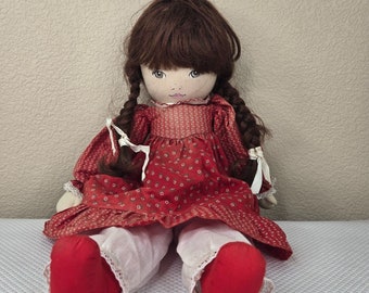 Vintage 80s Pauline Bjonnes Jacobsen Cloth Doll Painted Face Brunette Braids