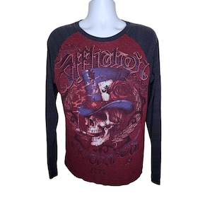 Vintage Y2K Affliction Long Sleeve Skull Raglan TShirt Mens Size M Red