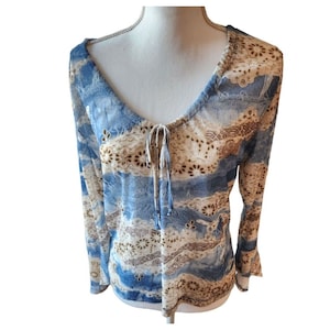 Vintage 90s Zoey Beth Peasant Boho Blue Brown Long Sleeve Blouse L