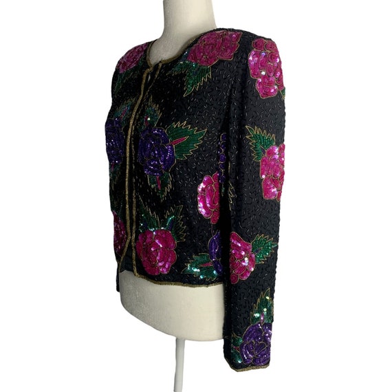 Vintage Sequin Beaded Silk Jacket S Black Long Sl… - image 3