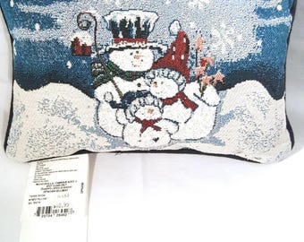 Vintage Goodwin Weavers Snowmen Word Pillow Blue White Tapestry Throw Winter New
