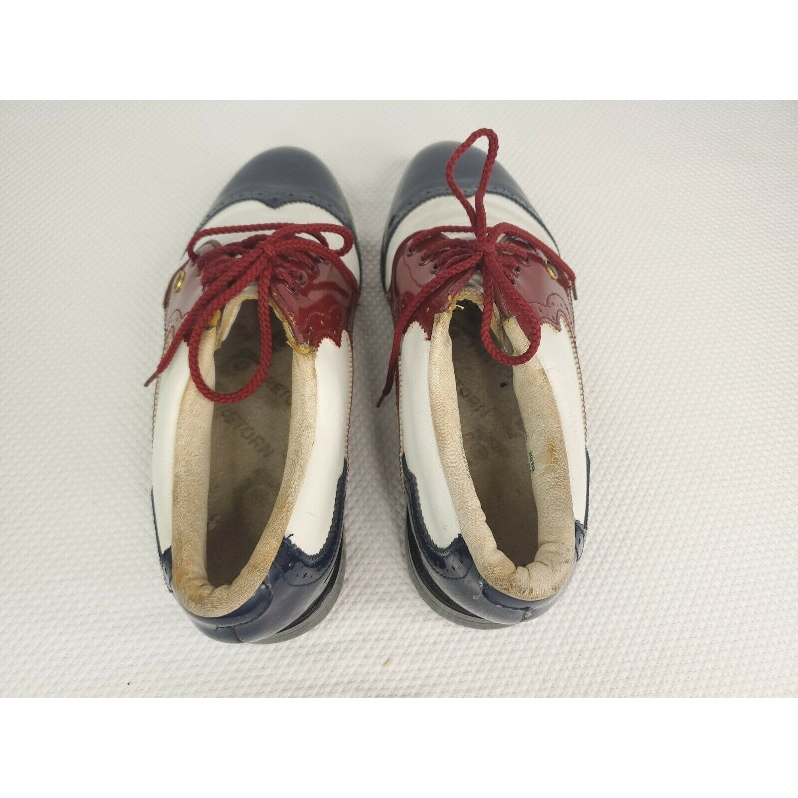 Vintage 60s Patent Leather Golf Shoes Oxfords Mens 9.5 Red White Blue USA FootJoy Icon Golf Shoes Mens Size 10.5 Red White Blue USA  main image 3