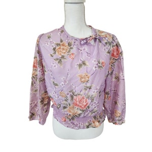 Vintage 70s Chain Reaction Purple Floral Long Sleeve Shirt M Blouson Blouse