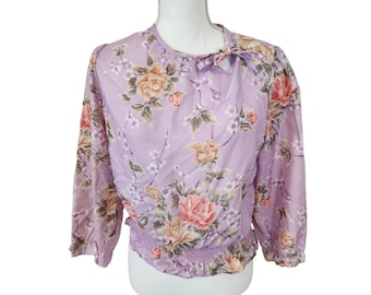 Vintage 70s Chain Reaction Purple Floral Long Sleeve Shirt M Blouson Blouse