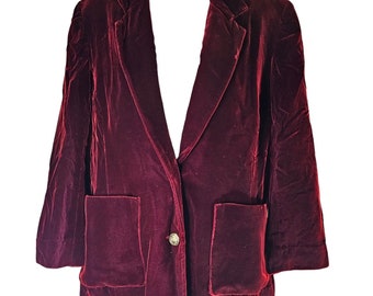 Vintage 70s Blazer Jacket Womens Size Medium Burgundy Red Velvet Boxy Boyfriend